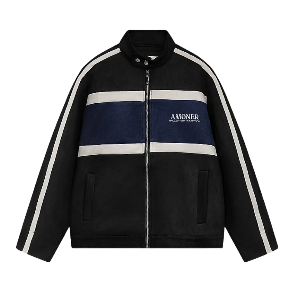 Contrast Stripe Suede Motorcycle Jacket