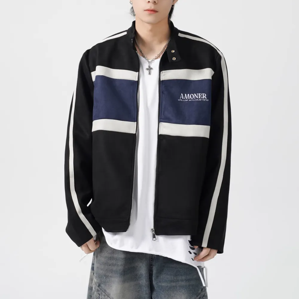 Contrast Stripe Suede Motorcycle Jacket