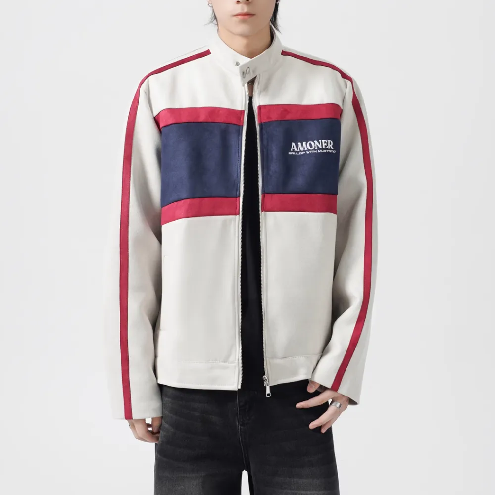 Contrast Stripe Suede Motorcycle Jacket