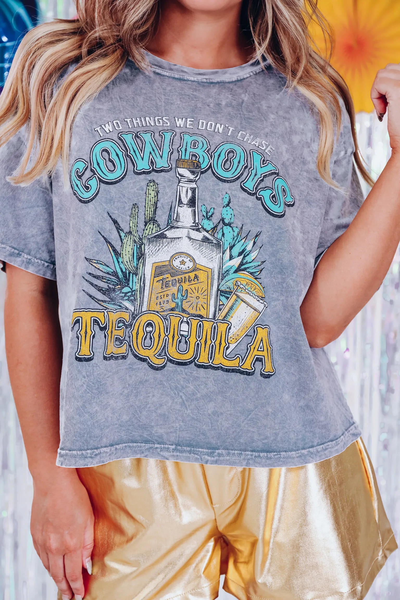 Cowboy Tequila Cropped Graphic Tee - Grey