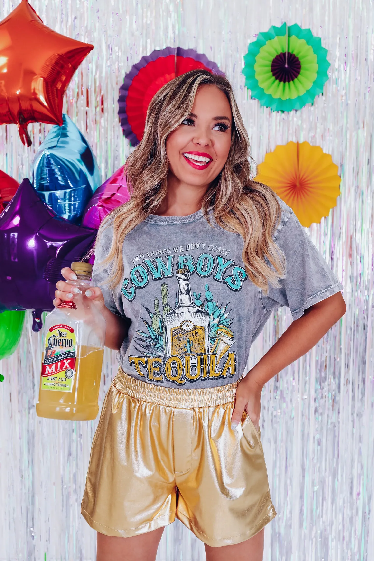 Cowboy Tequila Cropped Graphic Tee - Grey