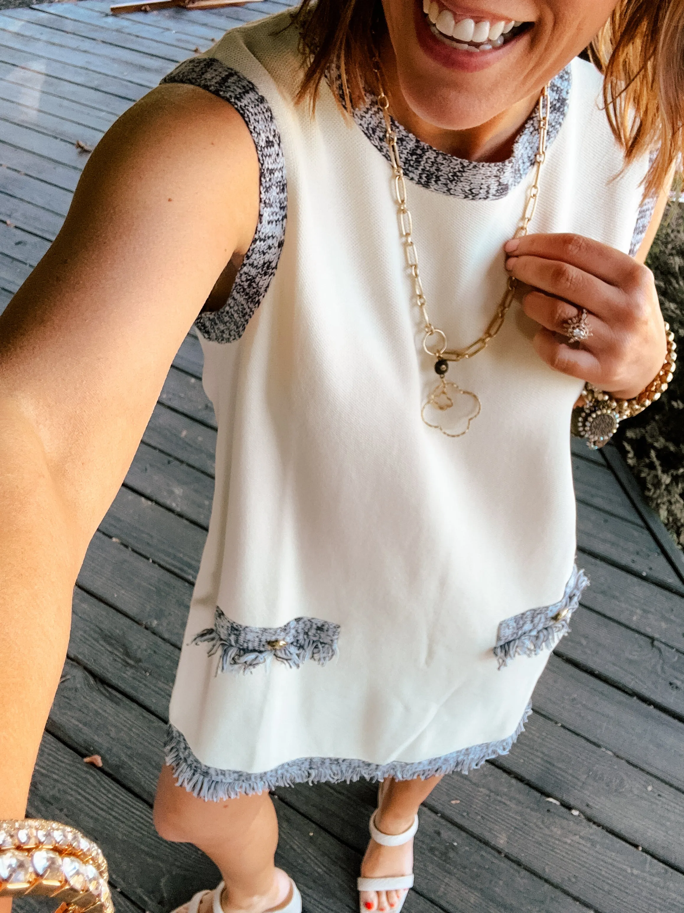 Cream Accent Navy Yarn Dress