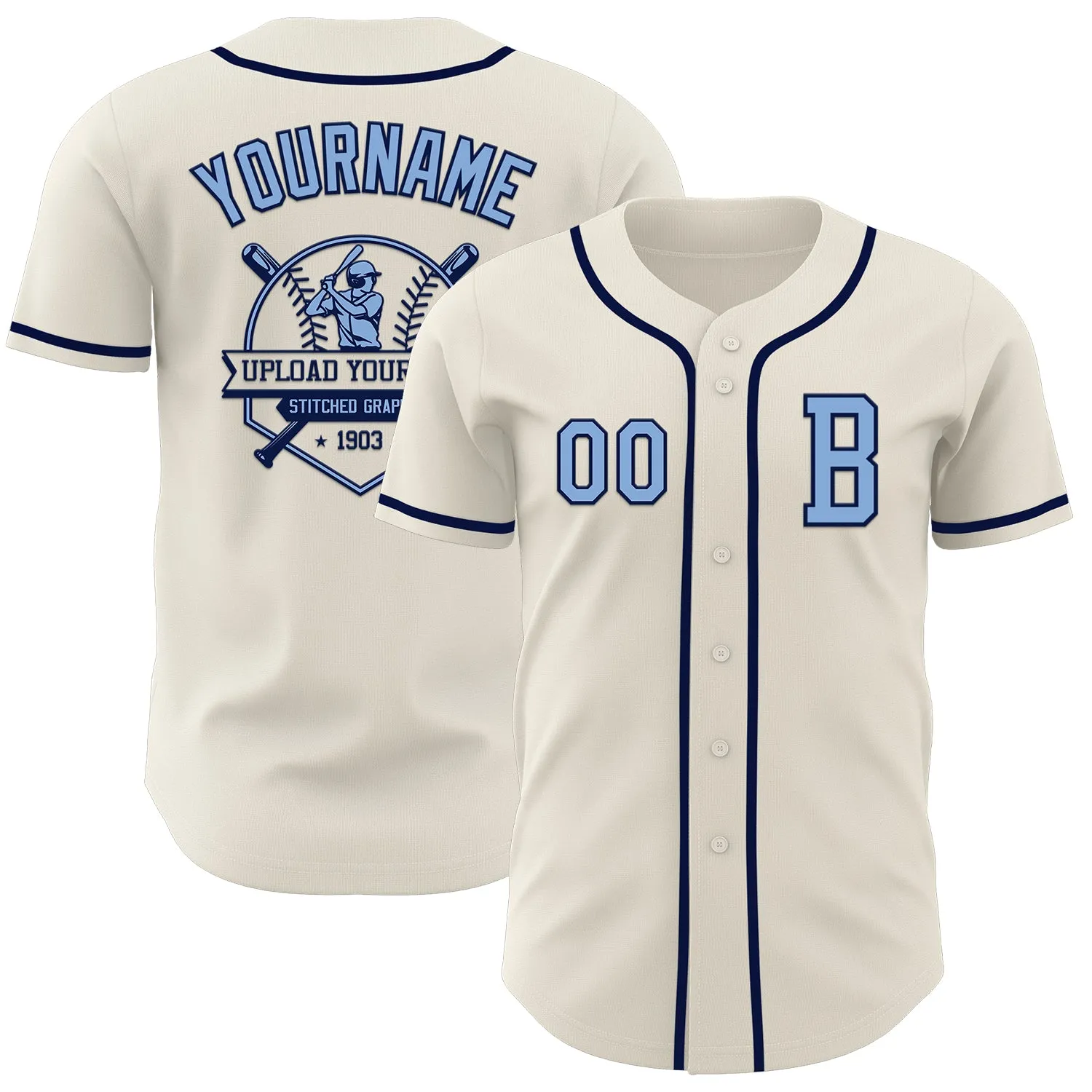Custom Cream Light Blue-Navy Authentic Baseball Jersey