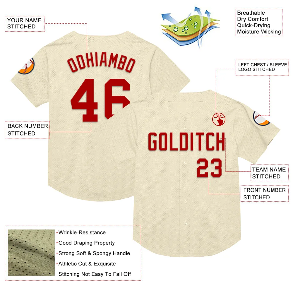 Custom Cream Red Mesh Authentic Throwback Baseball Jersey