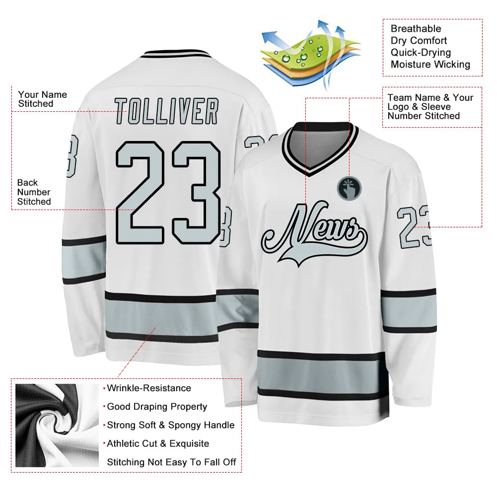 Custom White Silver-Black Hockey Jersey