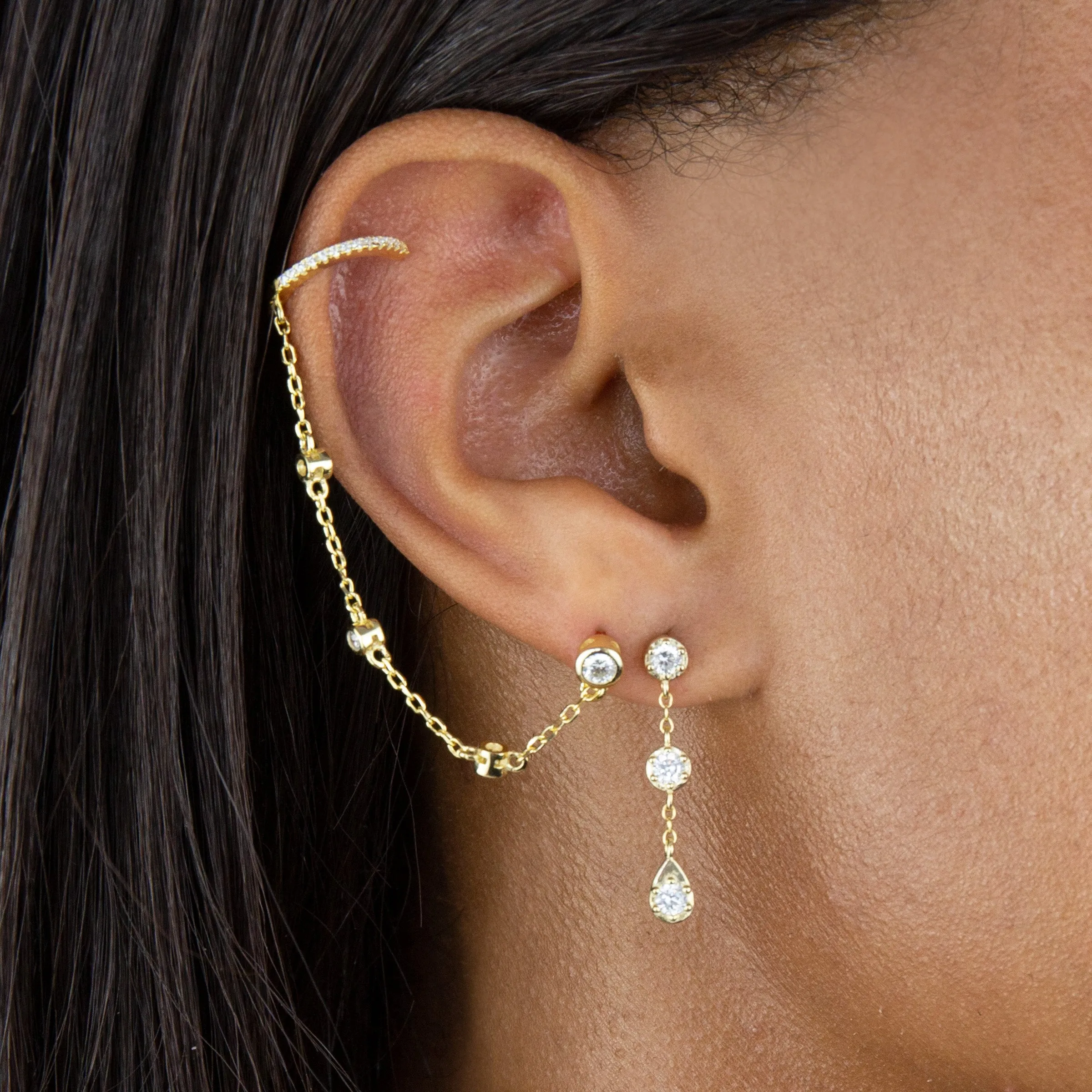 CZ Bezel Chain Stud X Ear Cuff