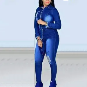 Denim Cut Out Button Design Long Sleeve Coat & Jeans Set