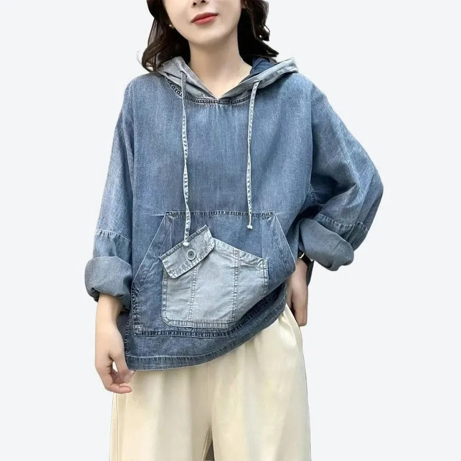Denim Hooded Pullover with Pocket Details