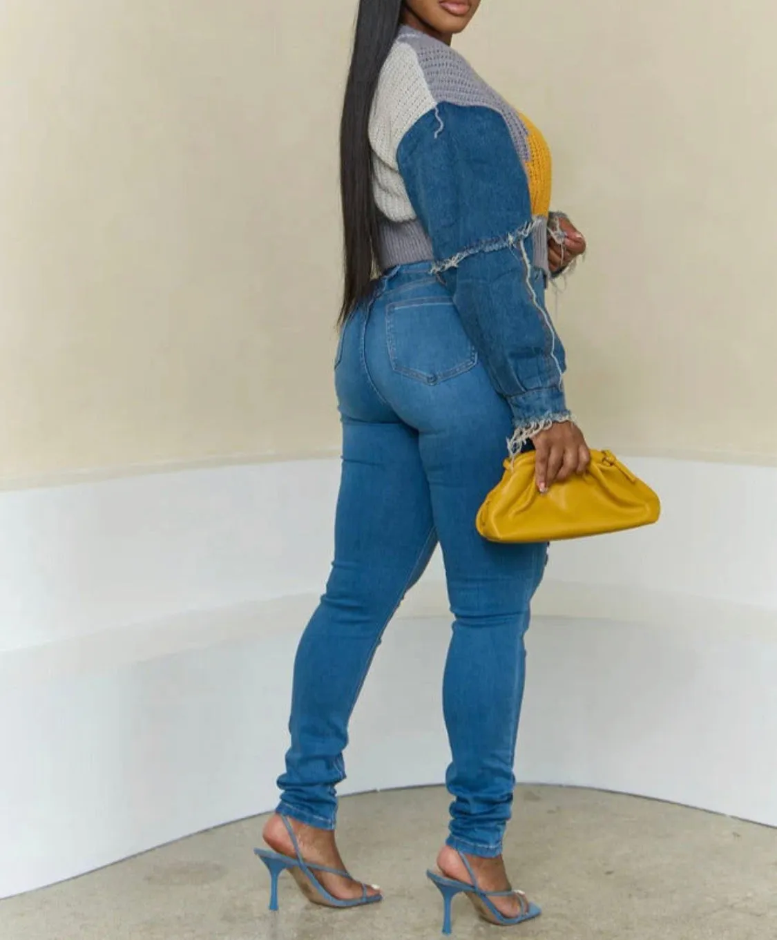 Denim Sleeve Cable CROP Knit Sweater