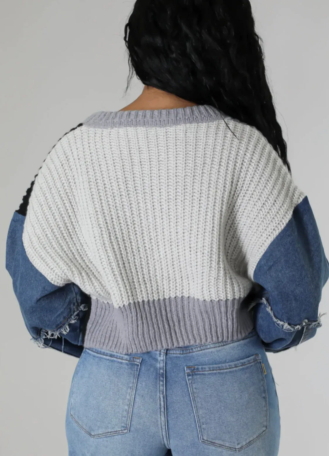Denim Sleeve Cable CROP Knit Sweater