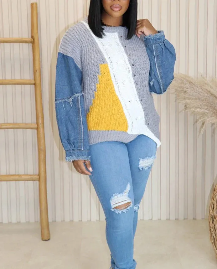 Denim Sleeve Cable Knit Sweater