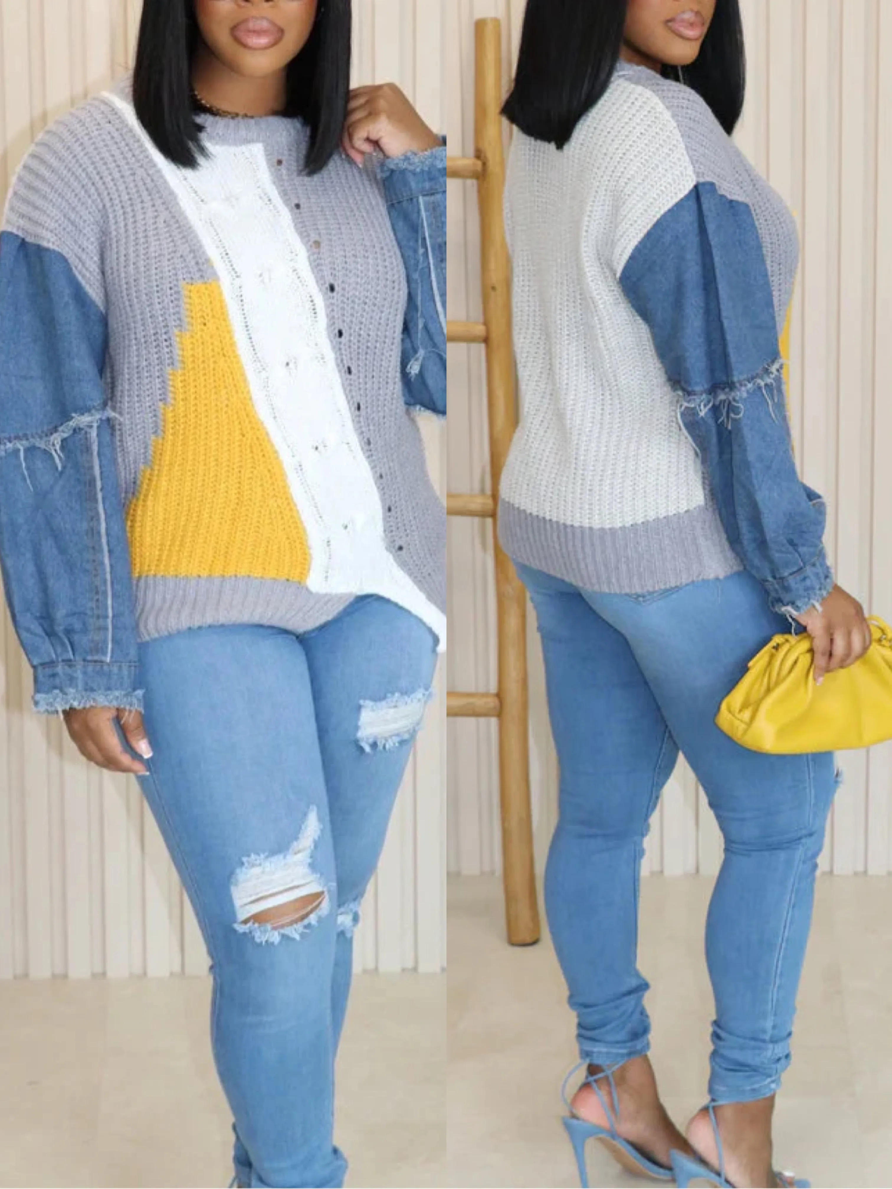 Denim Sleeve Cable Knit Sweater