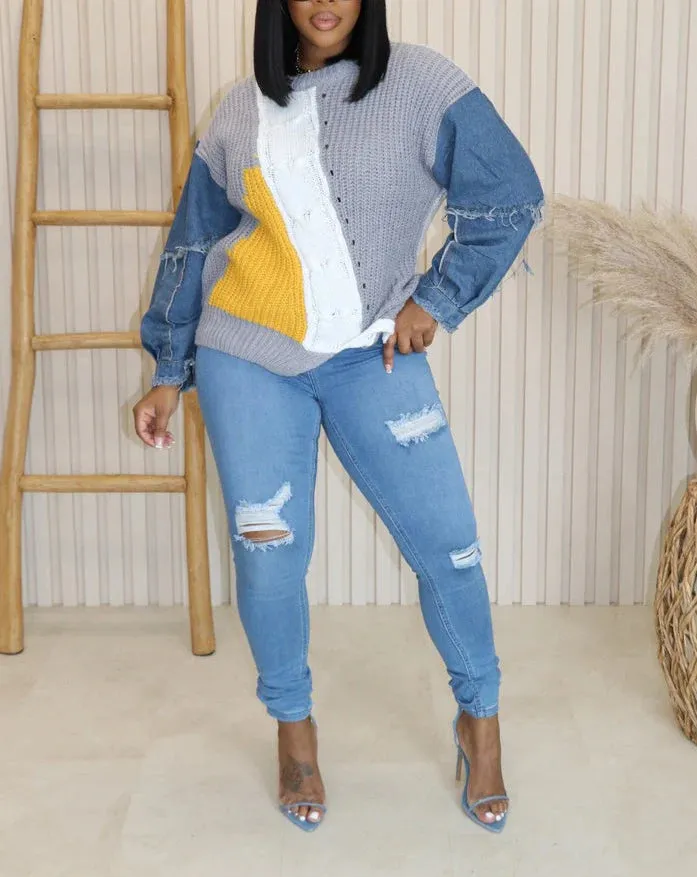 Denim Sleeve Cable Knit Sweater