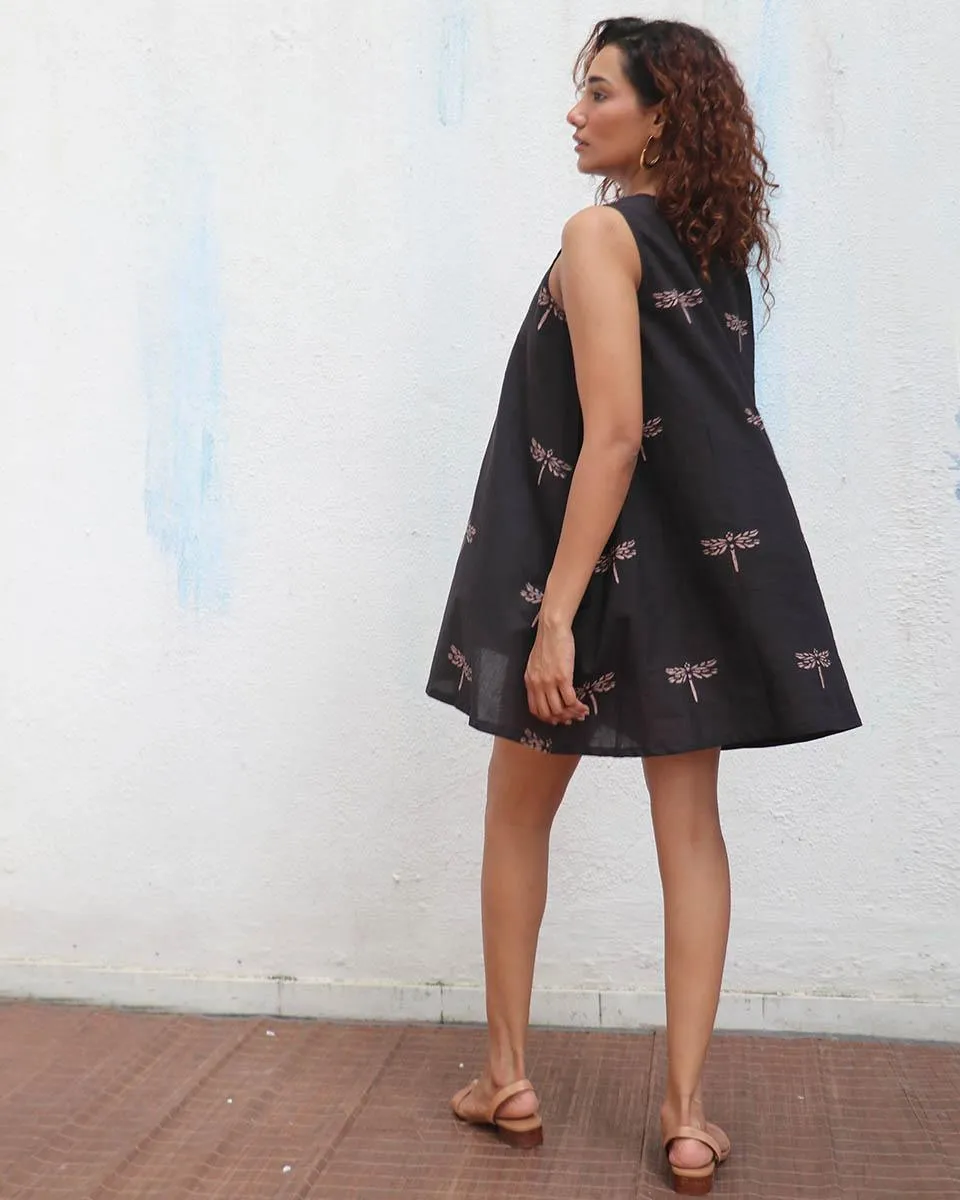 Dragonflies Dance Handblock Printed Cotton Dress - Mono
