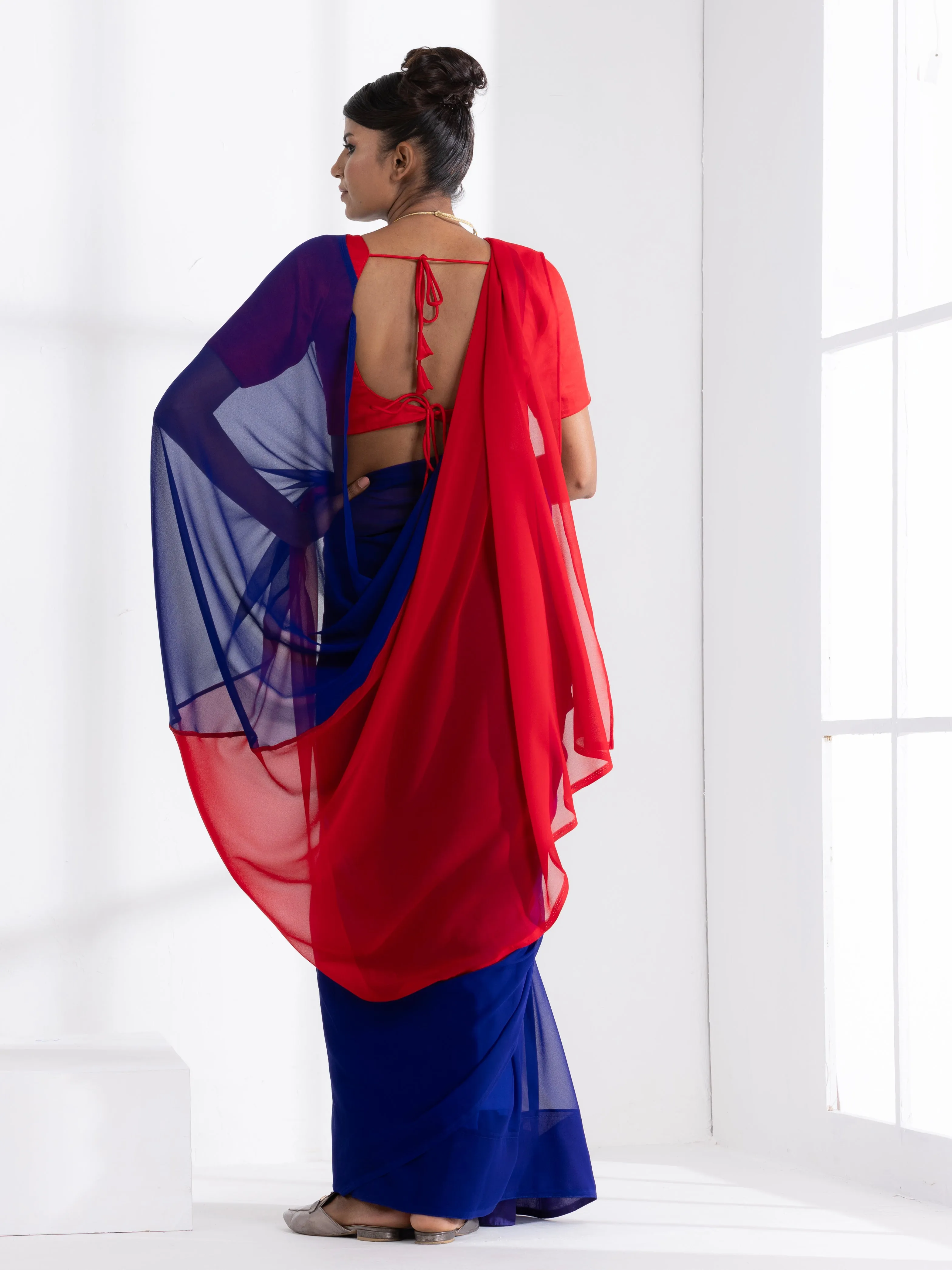 Electric Navy & Red Triangle Georgette Saree with Red Posh Blouse Fabric