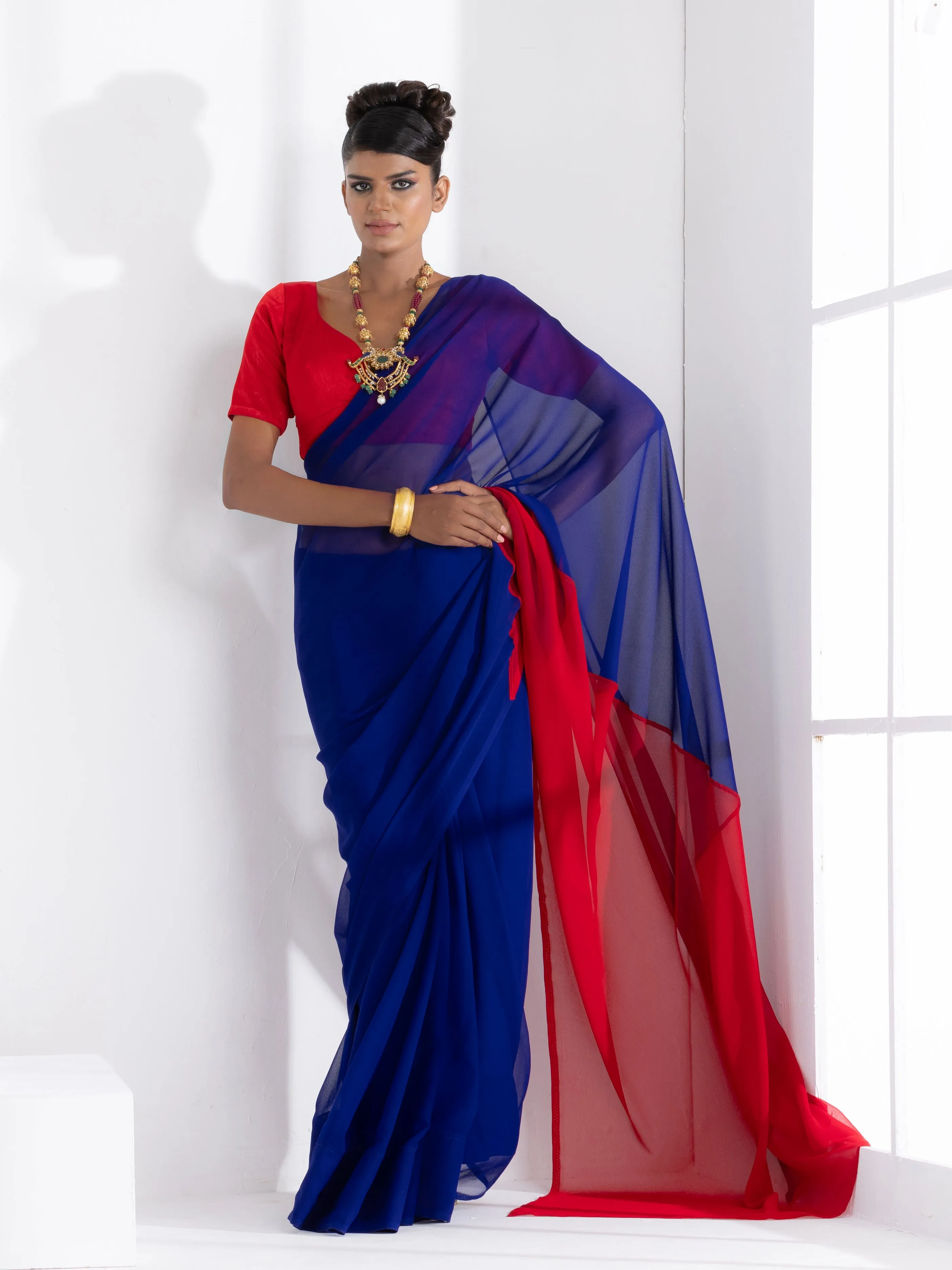 Electric Navy & Red Triangle Georgette Saree with Red Posh Blouse Fabric
