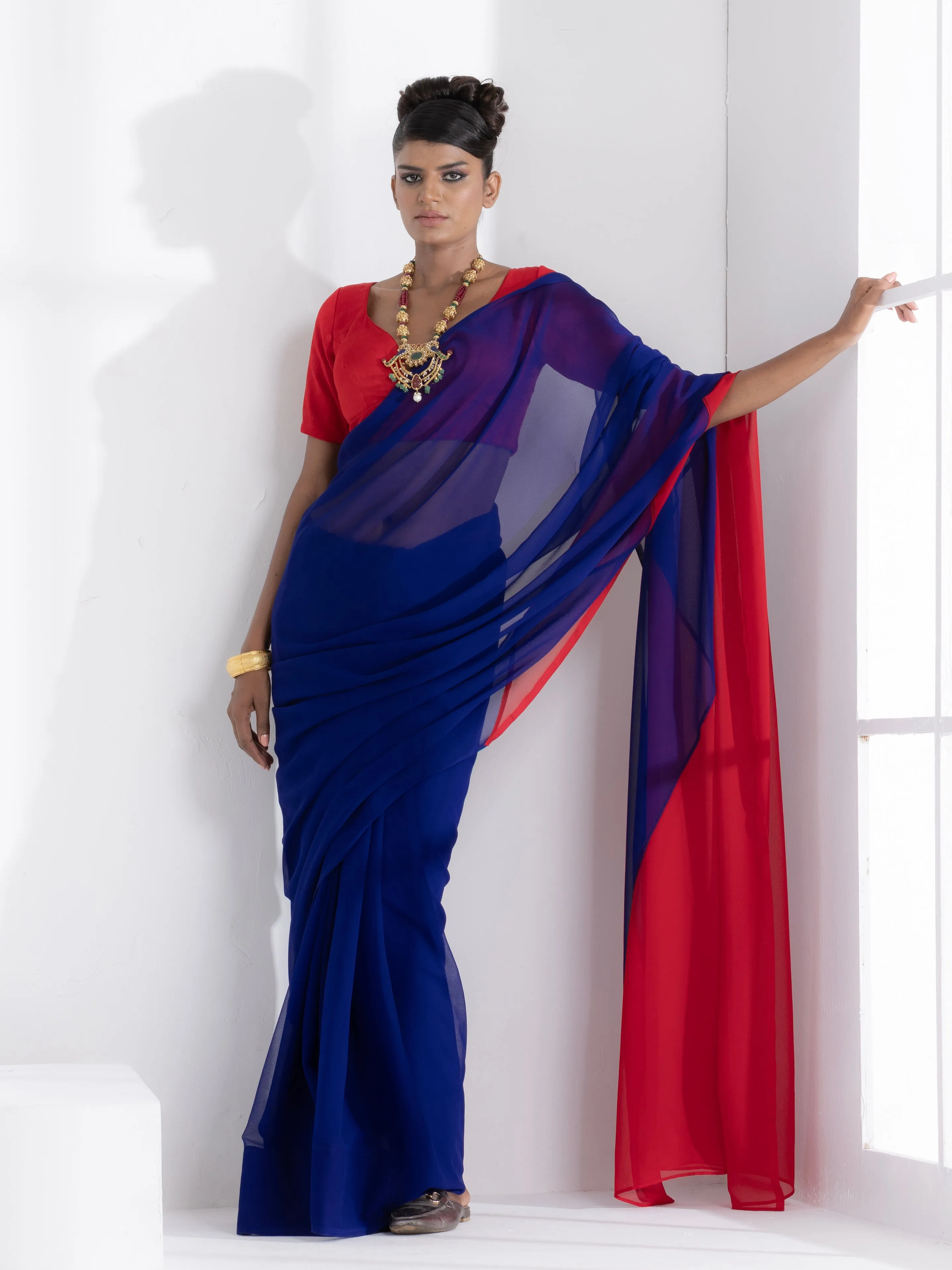 Electric Navy & Red Triangle Georgette Saree with Red Posh Blouse Fabric
