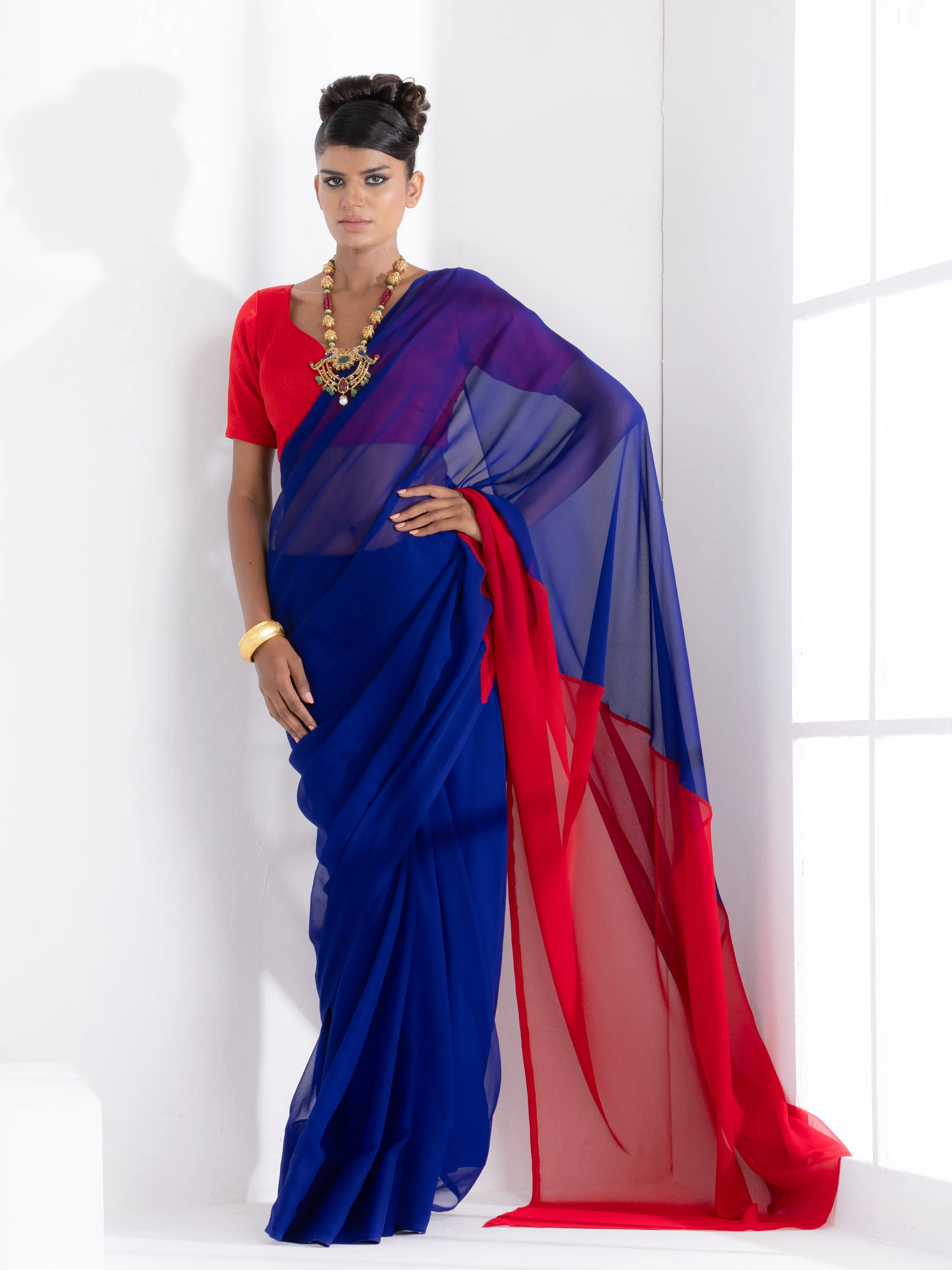 Electric Navy & Red Triangle Georgette Saree with Red Posh Blouse Fabric
