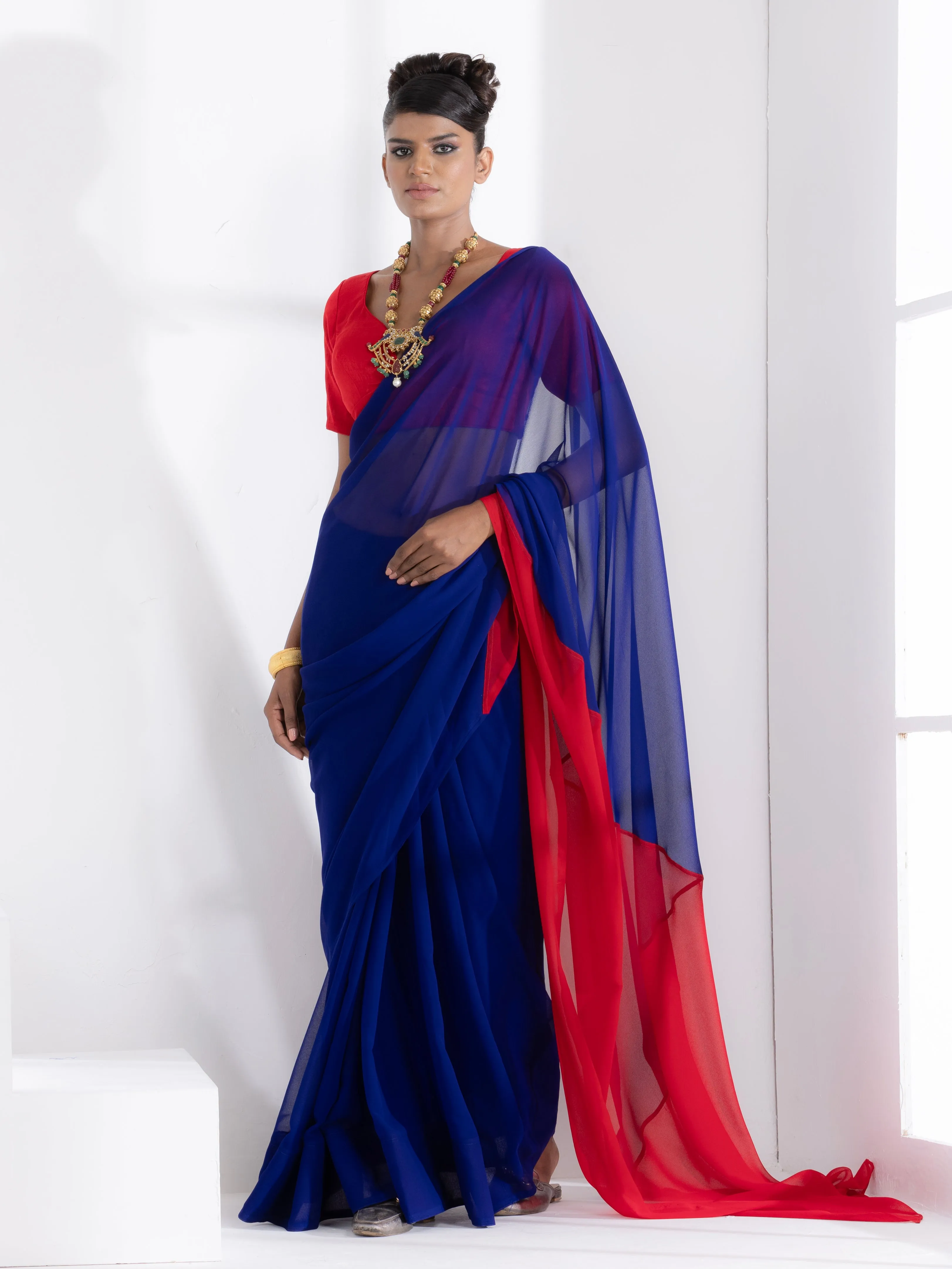 Electric Navy & Red Triangle Georgette Saree with Red Posh Blouse Fabric