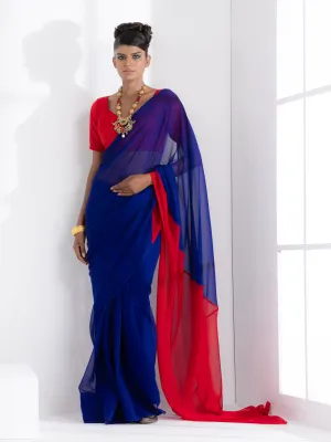 Electric Navy & Red Triangle Georgette Saree with Red Posh Blouse Fabric