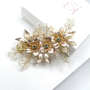 Embossed Metal Flower Hairclip, Gold Leaf Bridal Alligator Floral Wedding Hair Clip, Gold or Silver