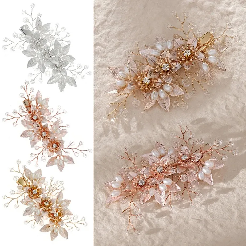 Embossed Metal Flower Hairclip, Gold Leaf Bridal Alligator Floral Wedding Hair Clip, Gold or Silver