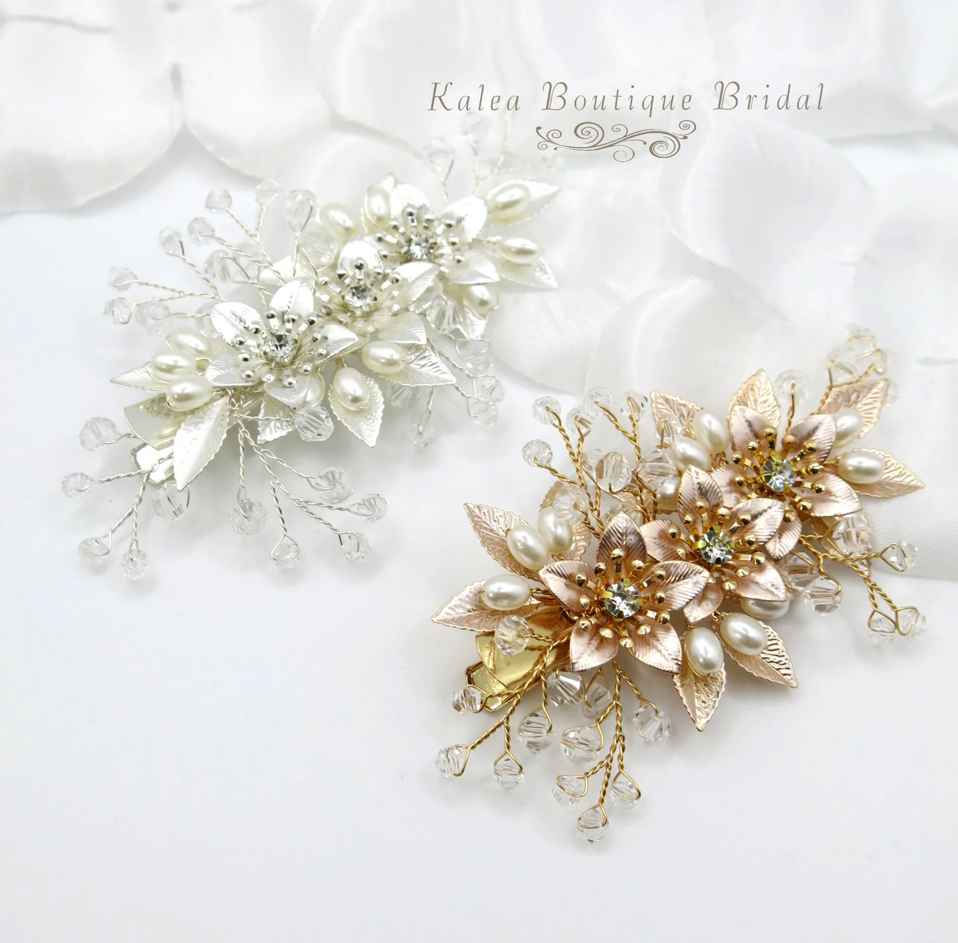 Embossed Metal Flower Hairclip, Gold Leaf Bridal Alligator Floral Wedding Hair Clip, Gold or Silver
