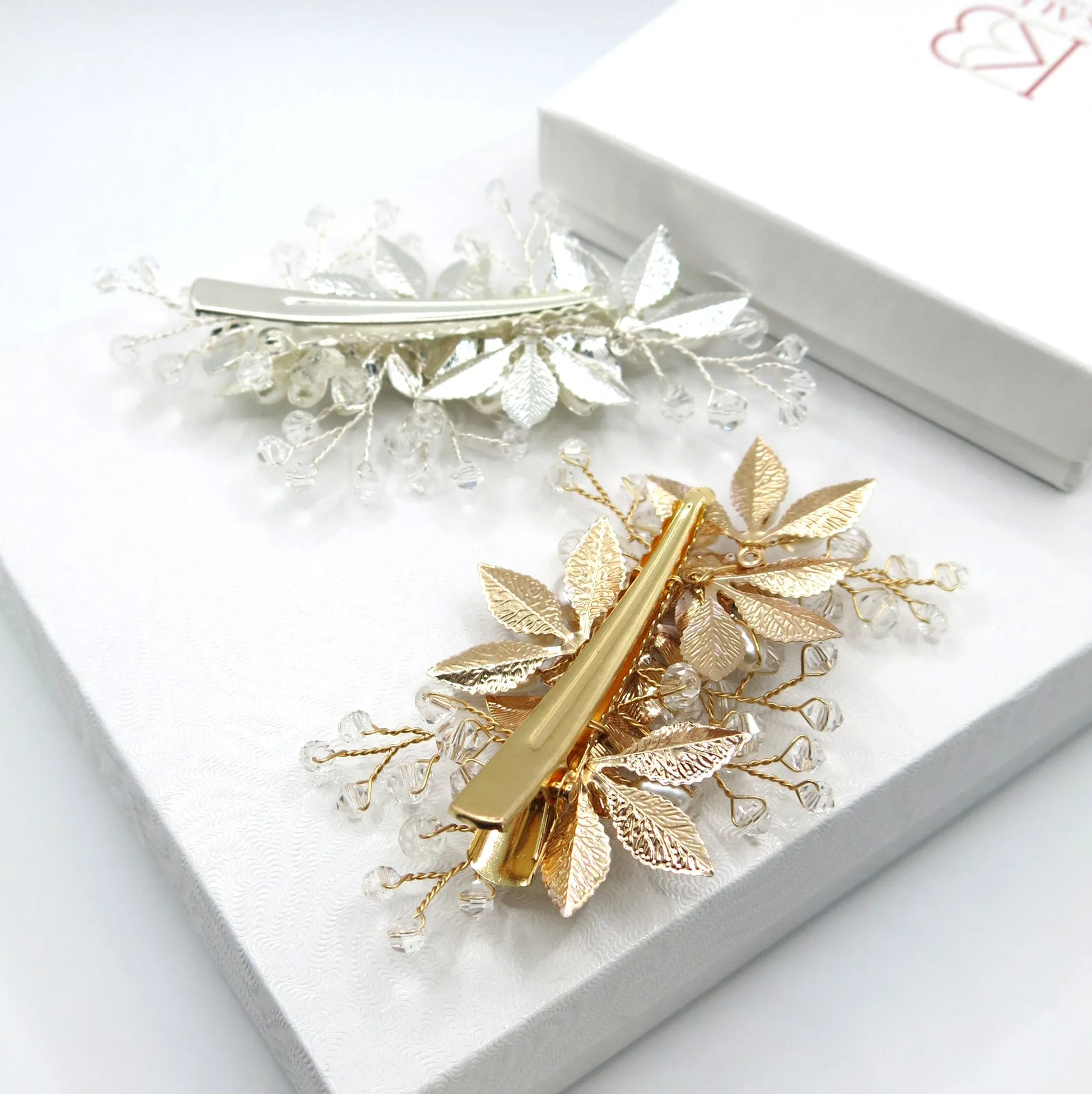 Embossed Metal Flower Hairclip, Gold Leaf Bridal Alligator Floral Wedding Hair Clip, Gold or Silver