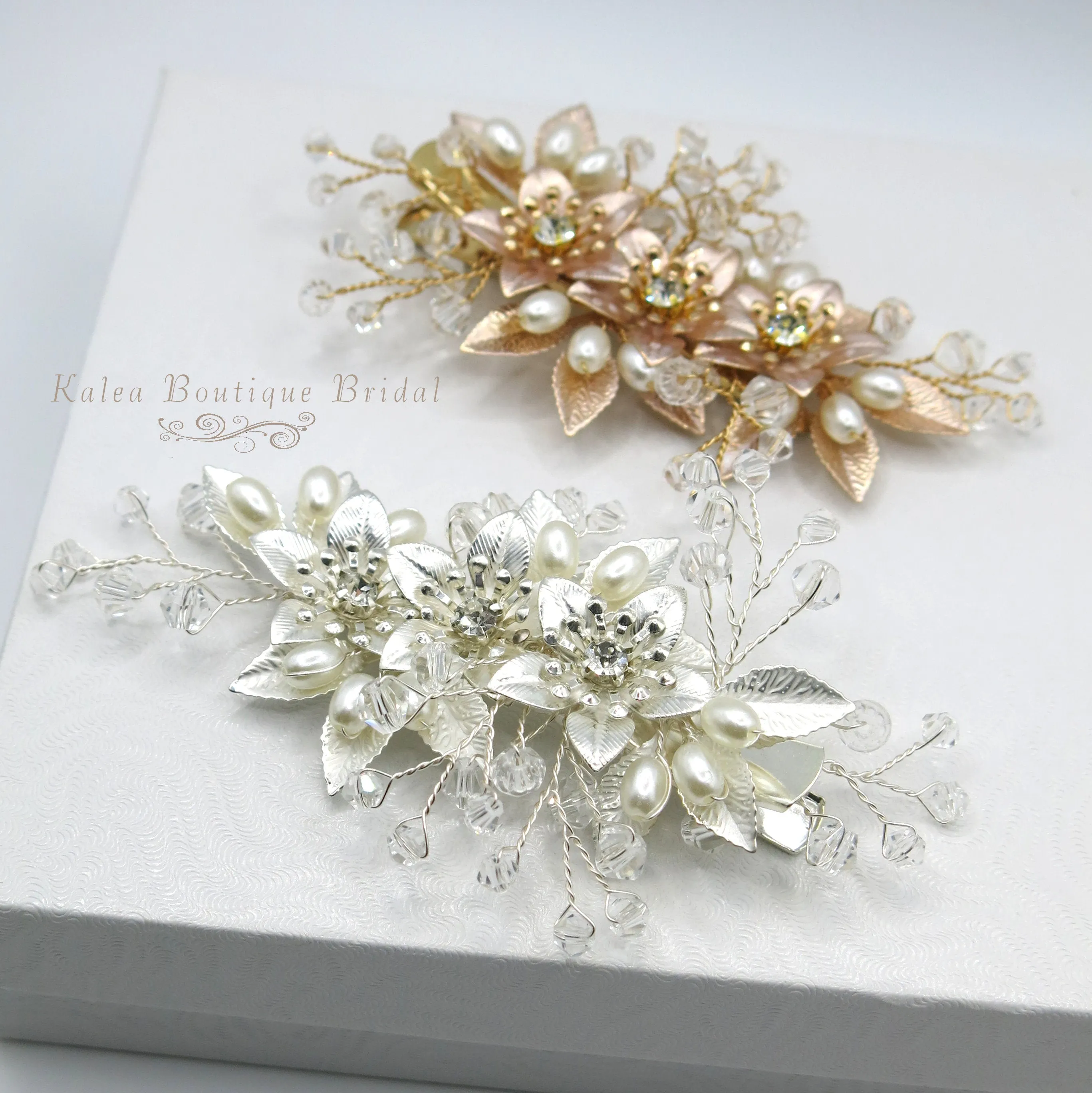 Embossed Metal Flower Hairclip, Gold Leaf Bridal Alligator Floral Wedding Hair Clip, Gold or Silver