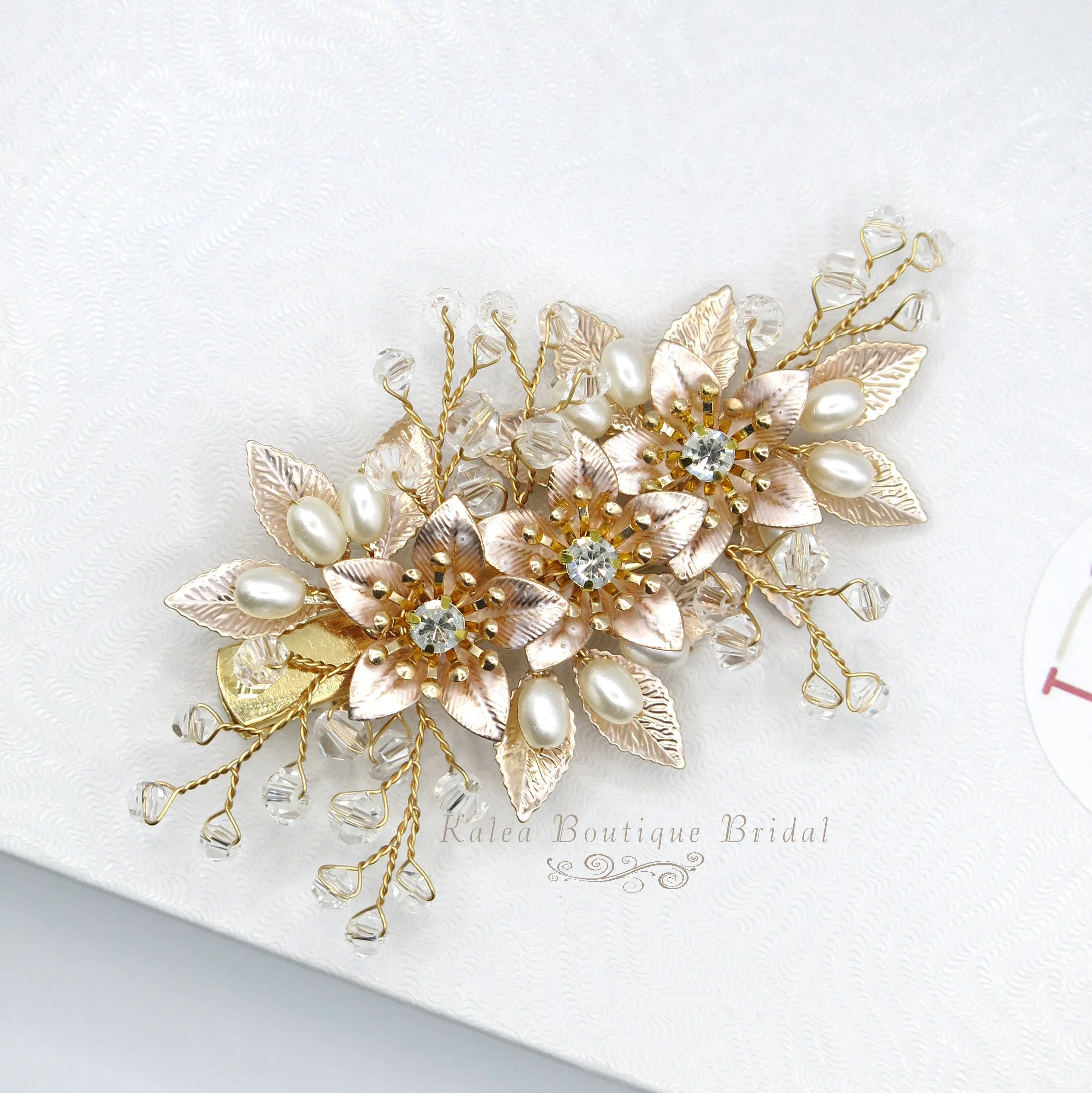 Embossed Metal Flower Hairclip, Gold Leaf Bridal Alligator Floral Wedding Hair Clip, Gold or Silver