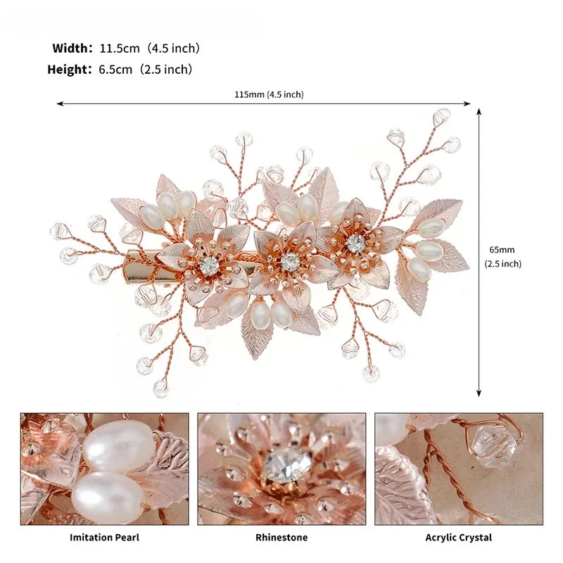 Embossed Metal Flower Hairclip, Gold Leaf Bridal Alligator Floral Wedding Hair Clip, Gold or Silver