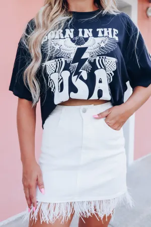 Feather Fringed Denim Skirt - White
