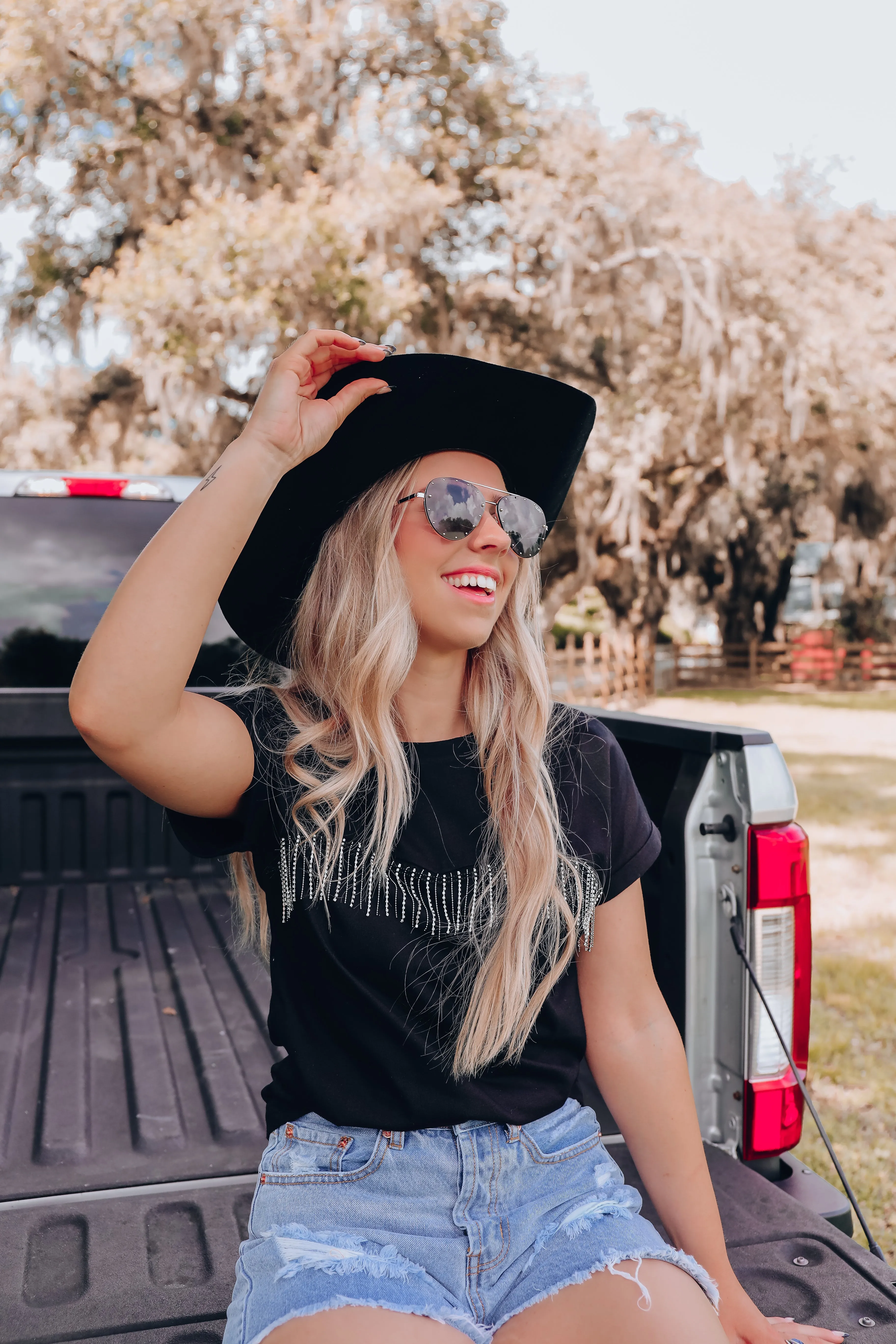 Go-To Rhinestone Fringe Tee - Black