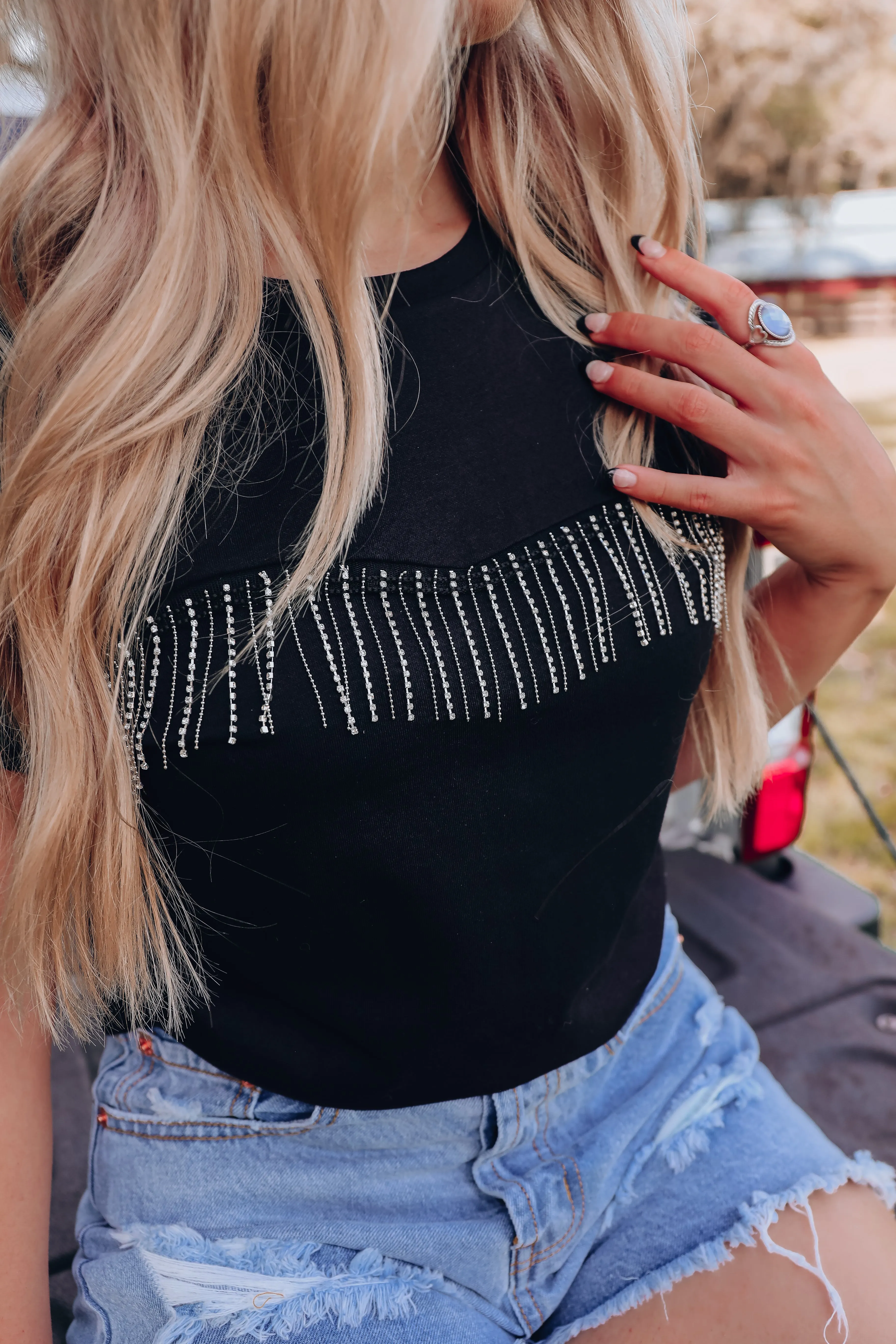 Go-To Rhinestone Fringe Tee - Black