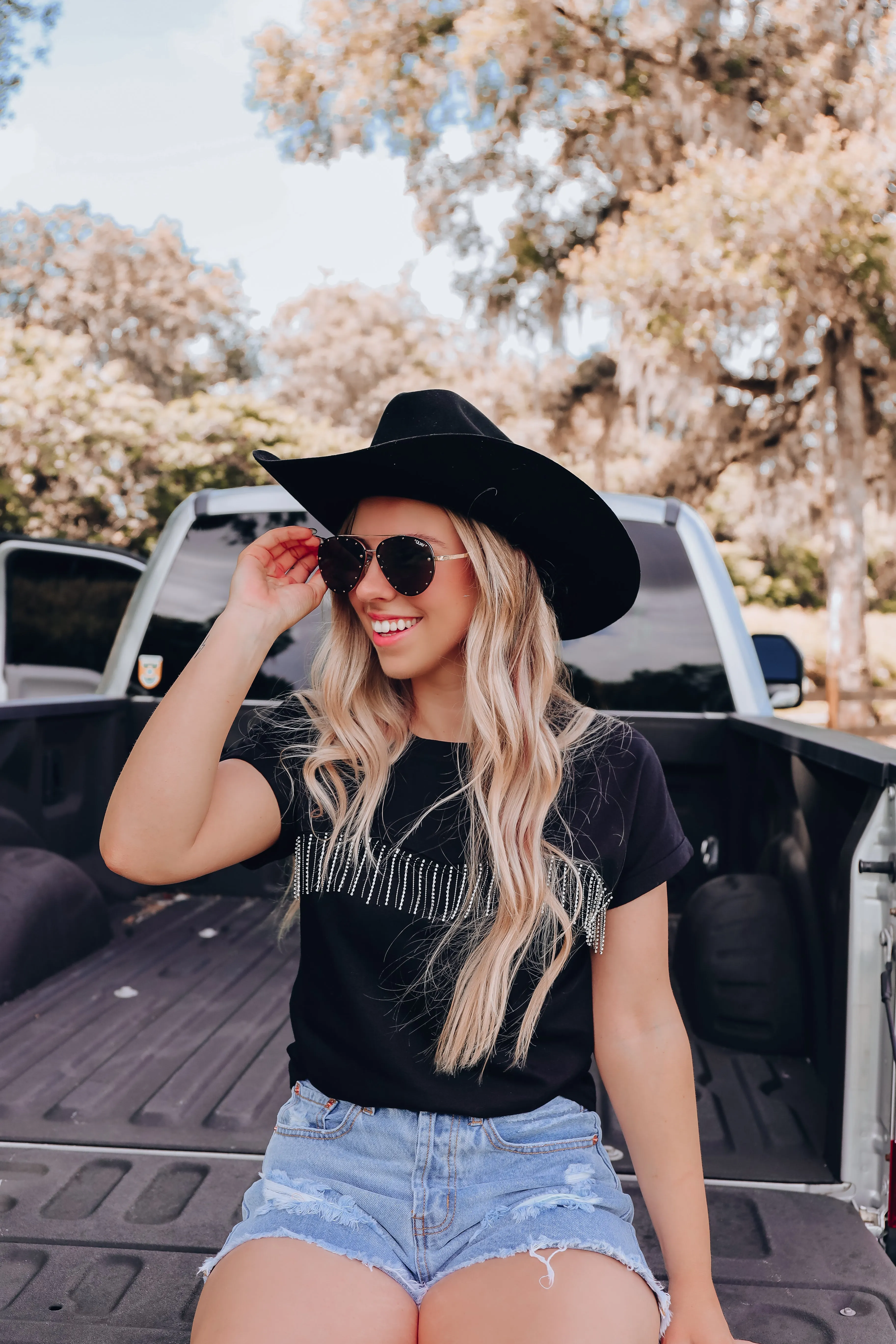 Go-To Rhinestone Fringe Tee - Black