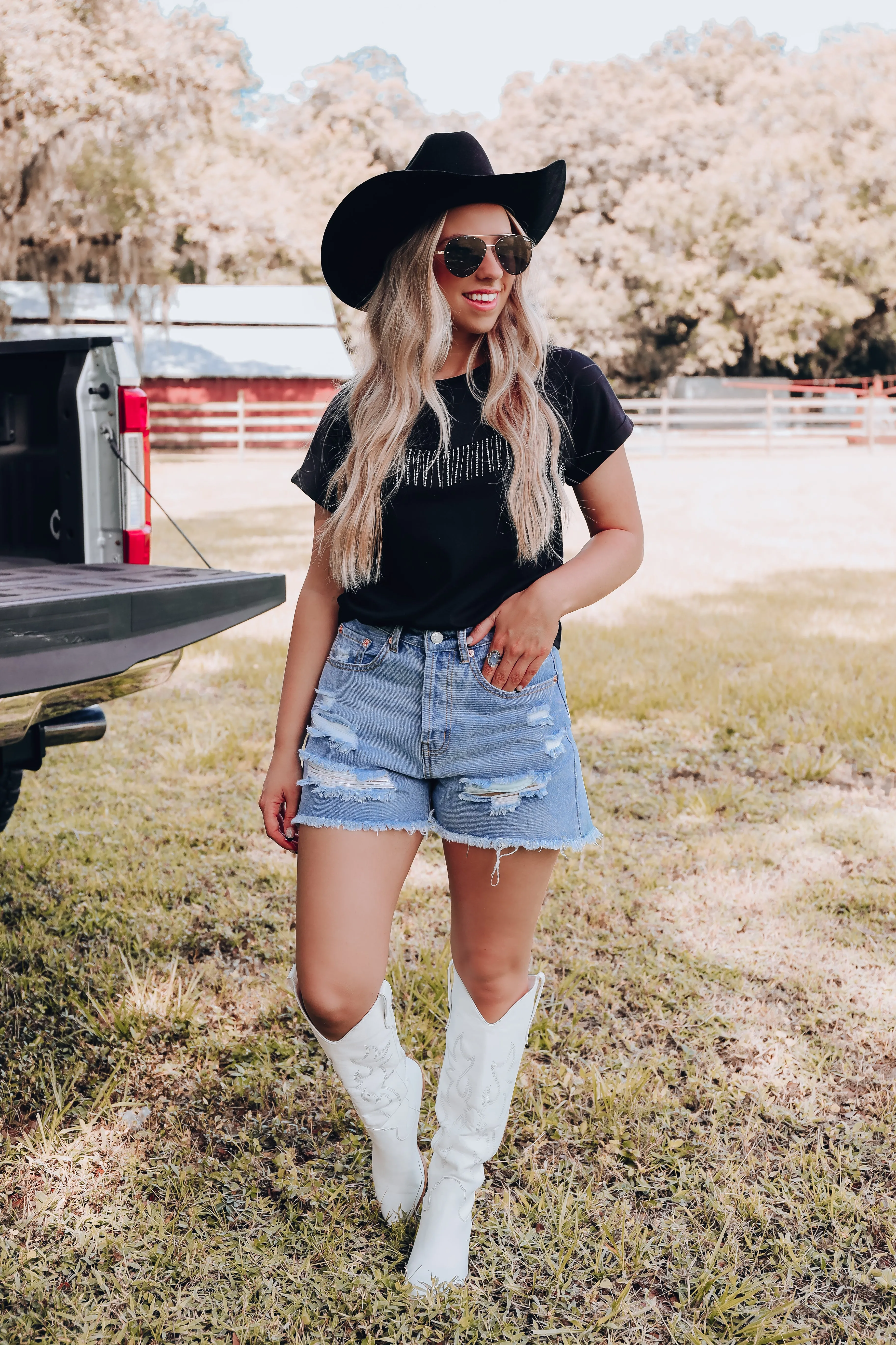 Go-To Rhinestone Fringe Tee - Black