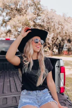 Go-To Rhinestone Fringe Tee - Black