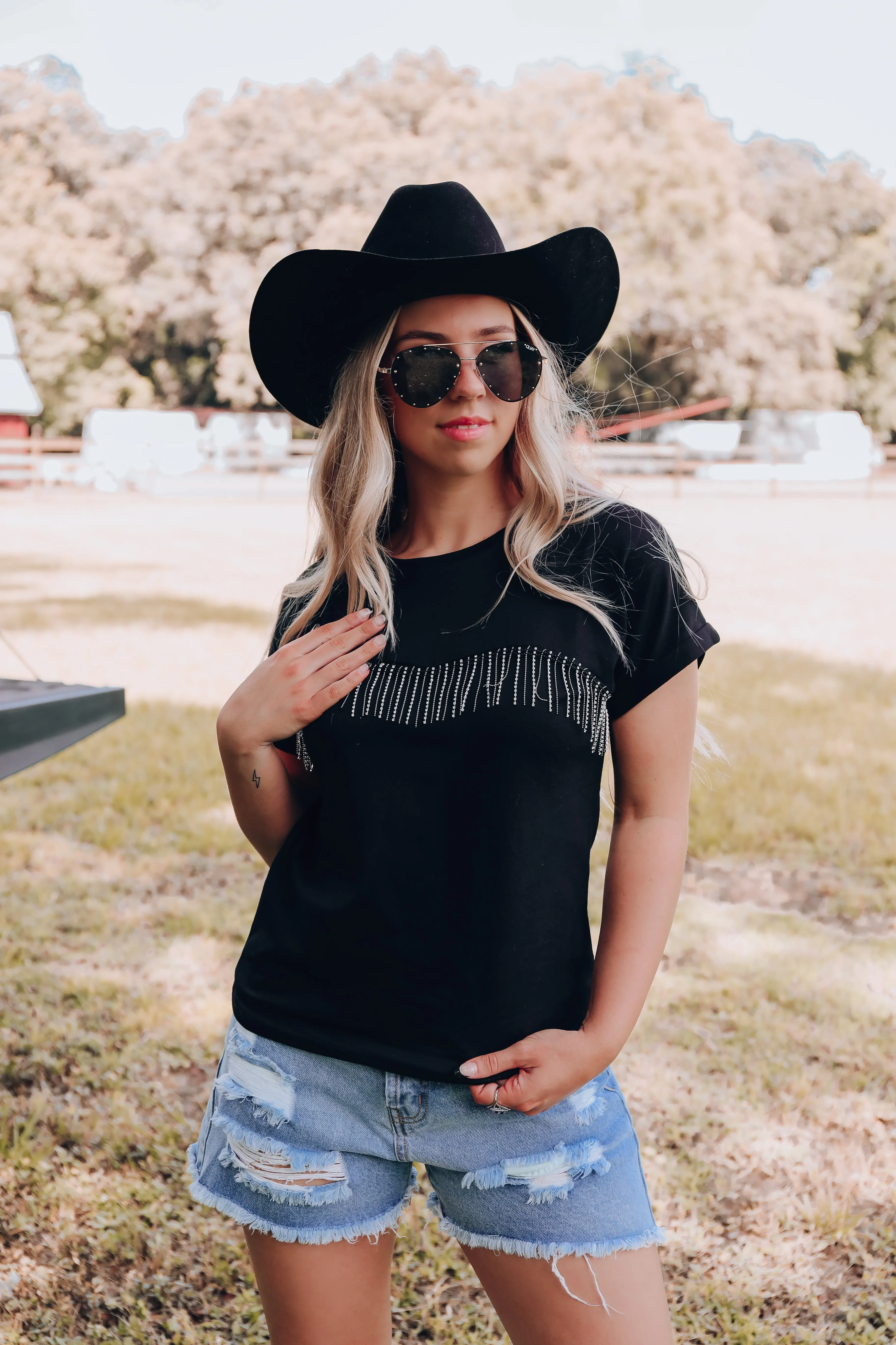 Go-To Rhinestone Fringe Tee - Black