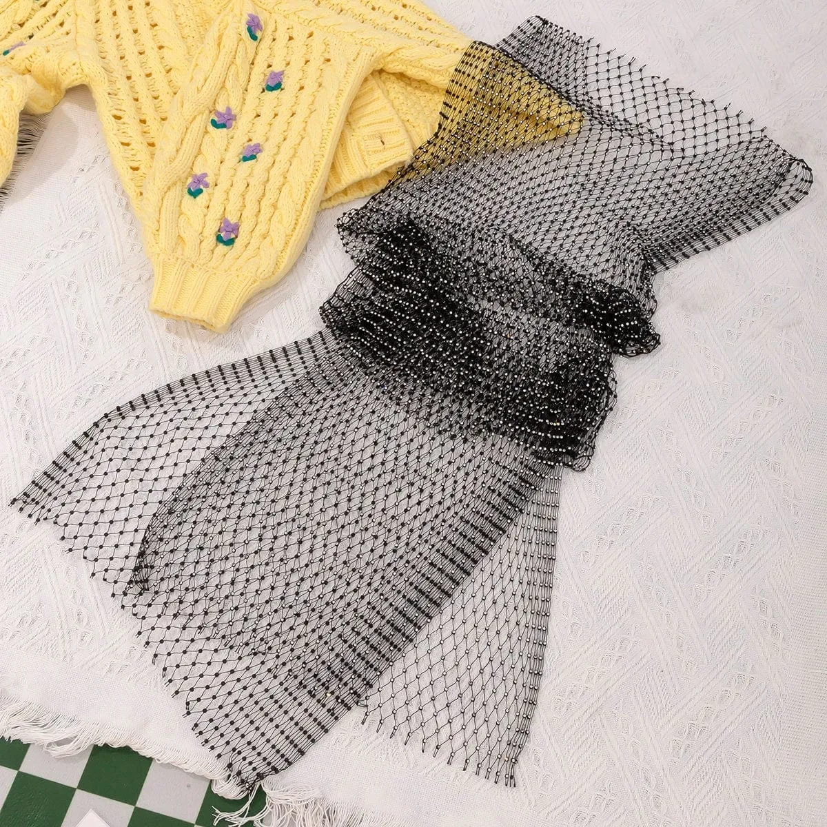 Handmade Glittering Rhinestone Fishnet See Through Mesh Cover Up Long Dress