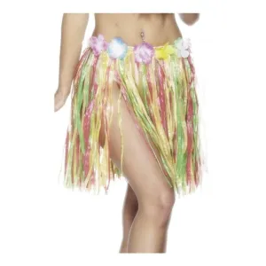 Hawaiian Hula Skirt, Multi Coloured, With Flowers, Elasticated Waist, 46cm