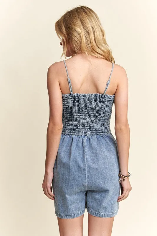 Hazel Blues® |  ADORA Smocked Spaghetti Strap Denim Romper