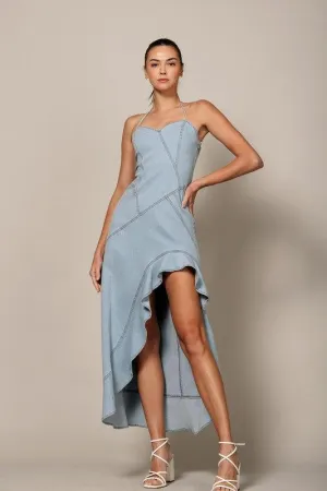 HI-LOW RUFFLE HEM HALTER DENIM MIDI DRESS