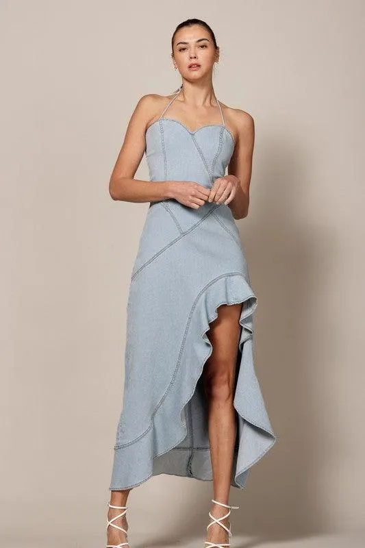 HI-LOW RUFFLE HEM HALTER DENIM MIDI DRESS