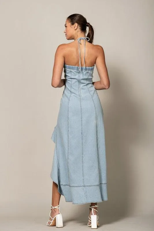 HI-LOW RUFFLE HEM HALTER DENIM MIDI DRESS