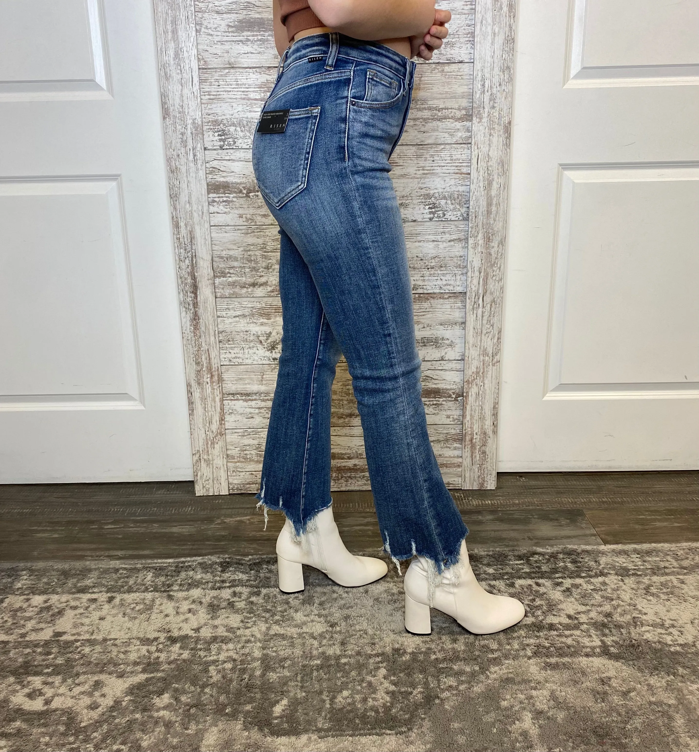 HIGH RISE RAW HEM ANKLE FLARE