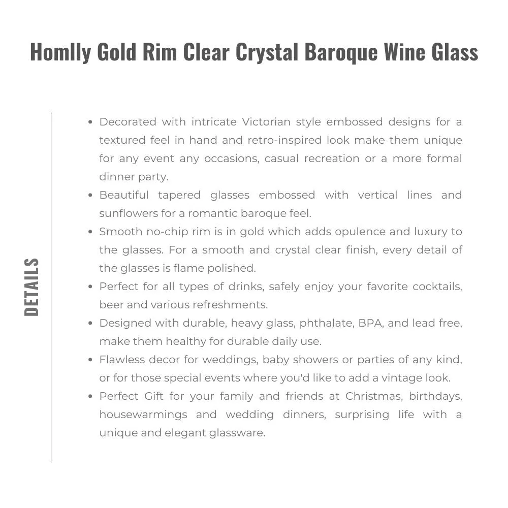 Homlly Gold Rim Clear Crystal Baroque Wine Glass