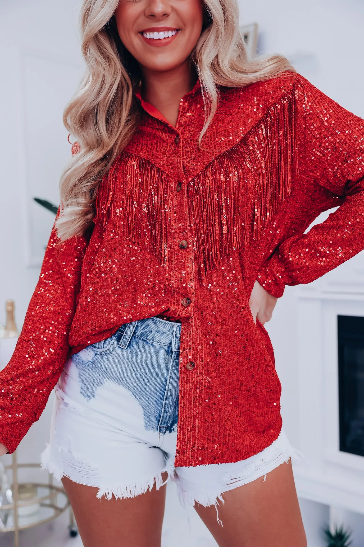 Honky Tonk Nights Sequin Fringe Shirt - Red