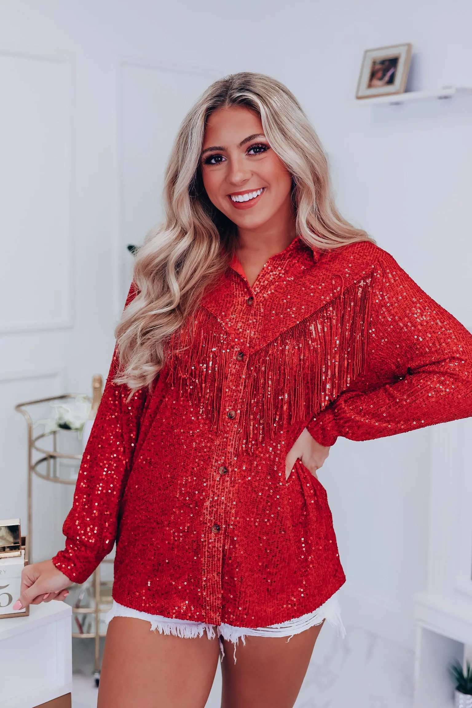 Honky Tonk Nights Sequin Fringe Shirt - Red