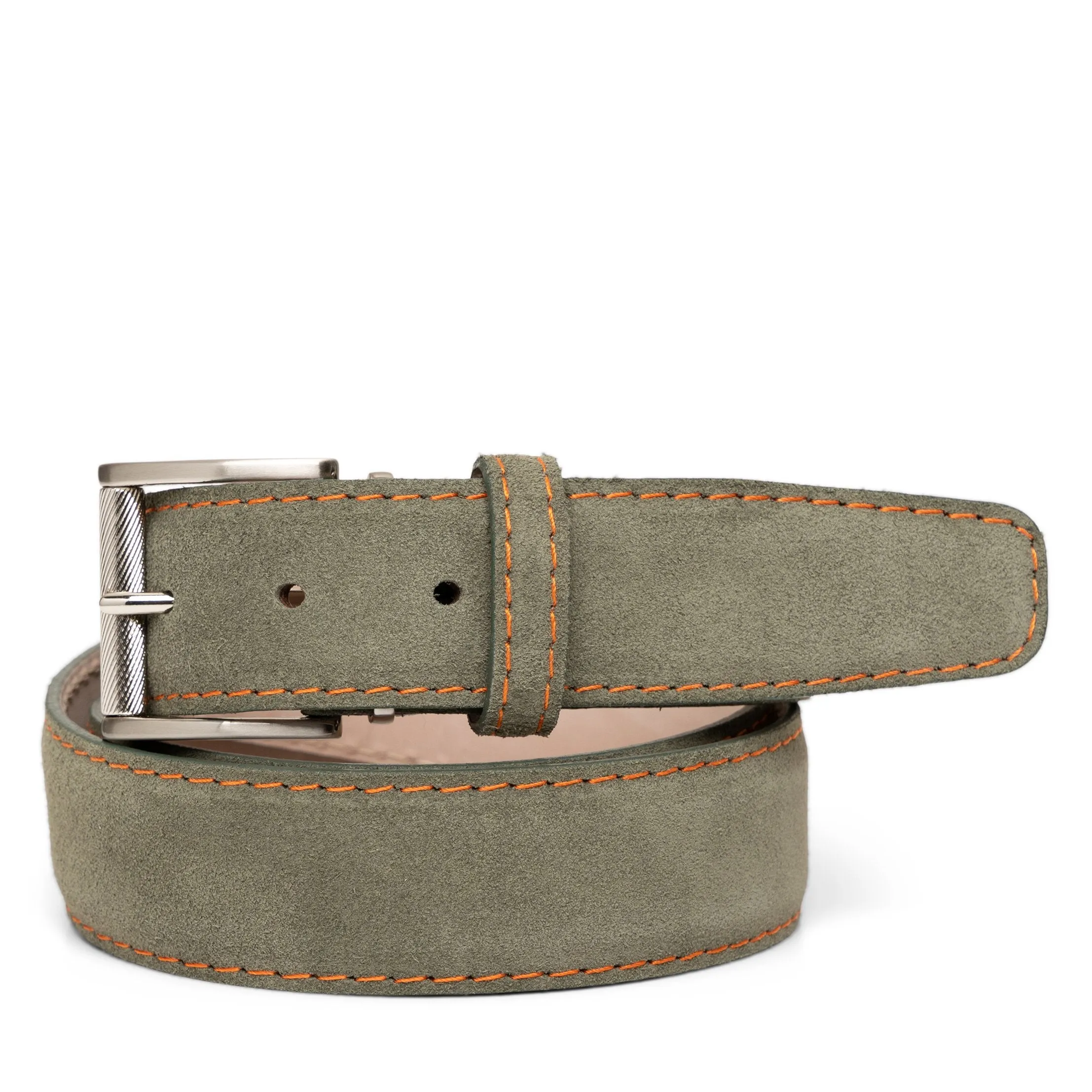 Italian Suede Custom Belt in Olive w/ Orange Stitch
