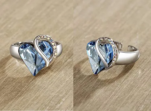 Leafael"Infinity Love" Women's Adjustable Crystal Heart Ring Light Sapphire Blue March December Birthstone Jewelry Gifts for Women, Silver-tone, Open End, Size 6.5-8
